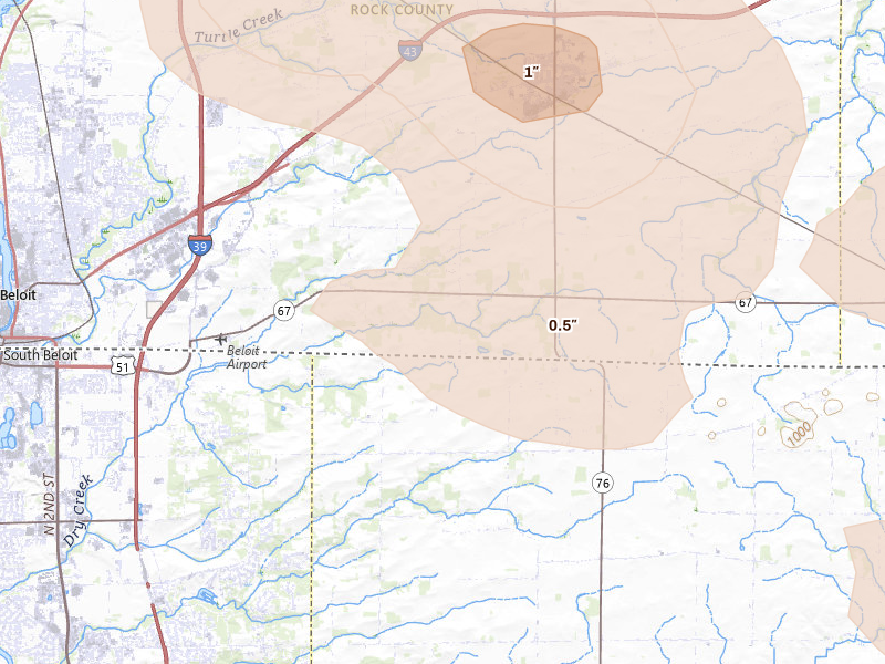 Radar-estimated hail-size map of the storm over Clinton, WI on Aug 10, 2026