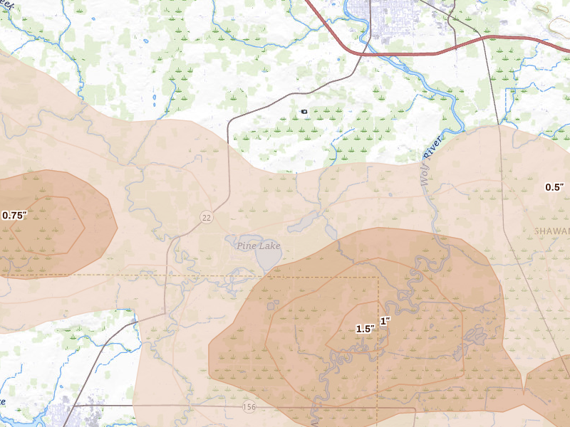 Radar-estimated hail-size map of the storm over Clintonville, WI on Jun 10, 2026