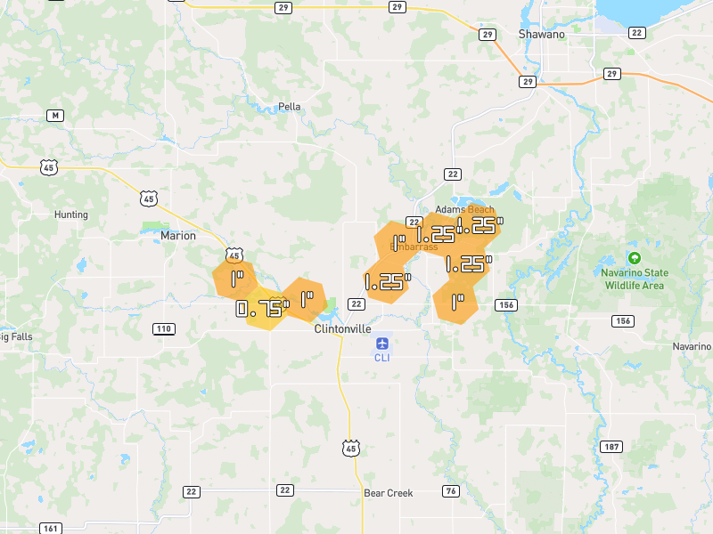 Hail map of Clintonville, WI on Jun 30, 2026, hail up to 1.25"