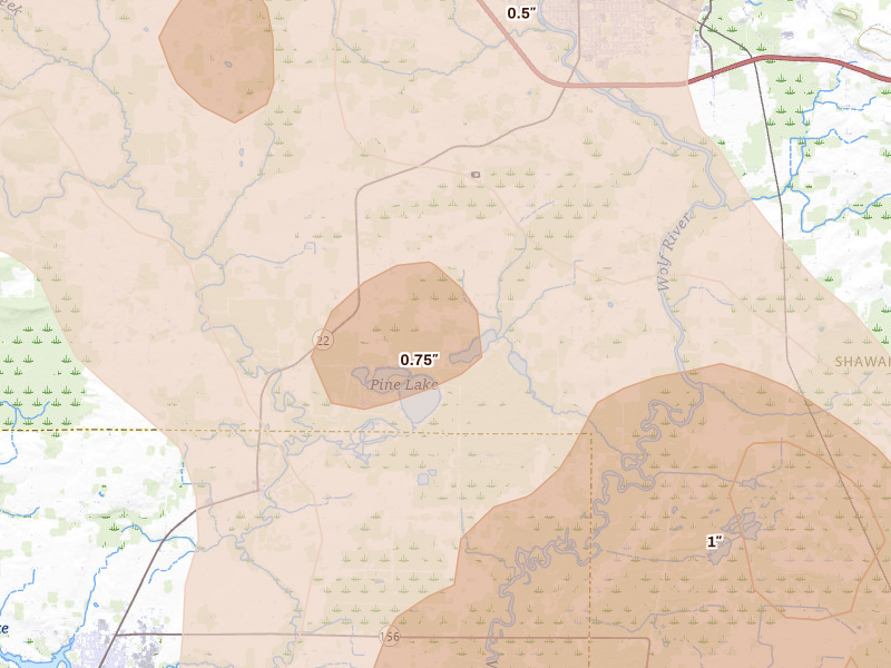 Radar-estimated hail-size map of the storm over Clintonville, WI on Jul 27, 2026