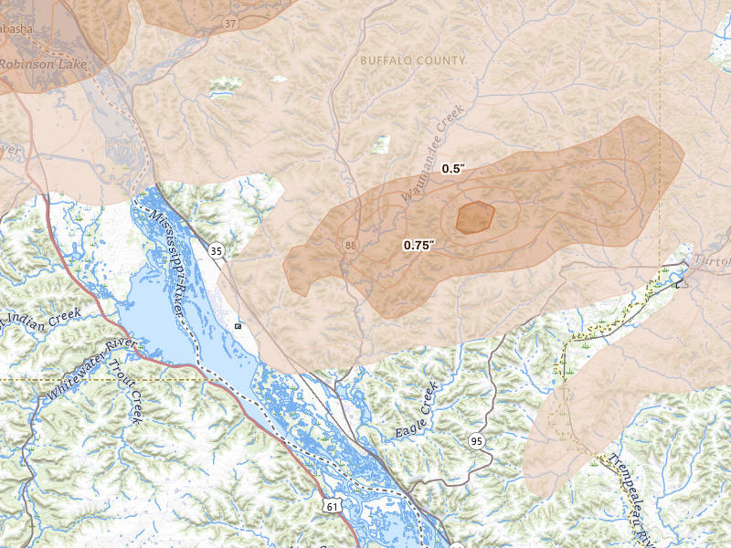 Radar-estimated hail-size map of the storm over Cochrane, WI on Apr 13, 2026