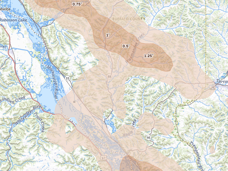 Radar-estimated hail-size map of the storm over Cochrane, WI on Jun 5, 2026