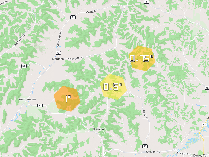 Hail map of Cochrane, WI on Jul 2, 2026, hail up to 1"