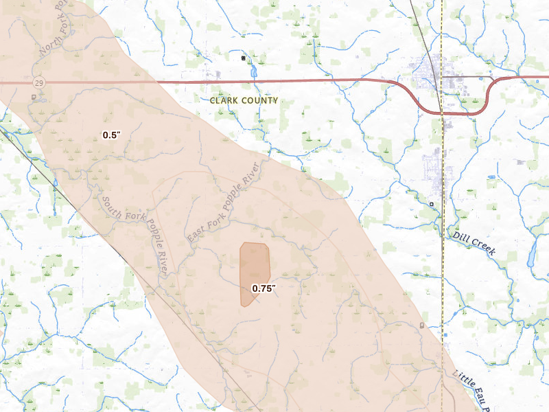 Radar-estimated hail-size map of the storm over Colby, WI on Jun 24, 2026