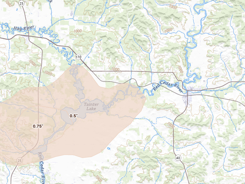 Radar-estimated hail-size map of the storm over Colfax, WI on Jun 10, 2026
