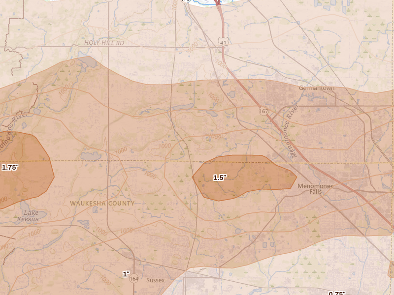 Radar-estimated hail-size map of the storm over Colgate, WI on Apr 14, 2026
