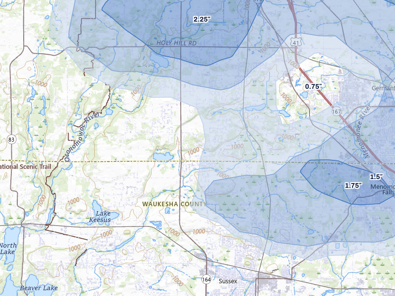 NEXRAD radar-signature map of the hail storm over Colgate, WI on Jul 2, 2026