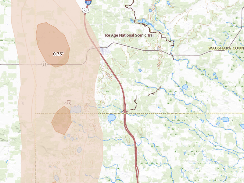 Radar-estimated hail-size map of the storm over Coloma, WI on May 27, 2026
