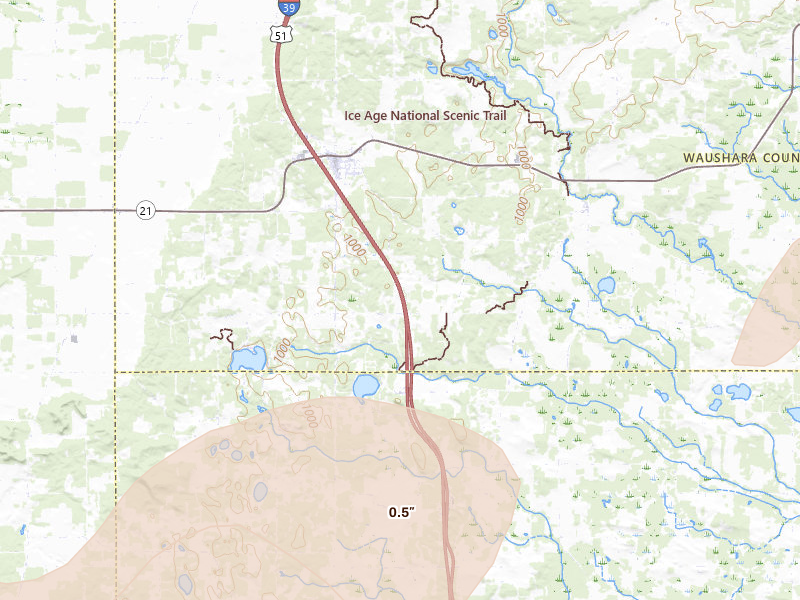Radar-estimated hail-size map of the storm over Coloma, WI on Jun 30, 2026