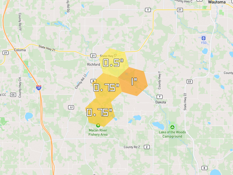 Hail map of Coloma, WI on Jul 1, 2026, hail up to 1"