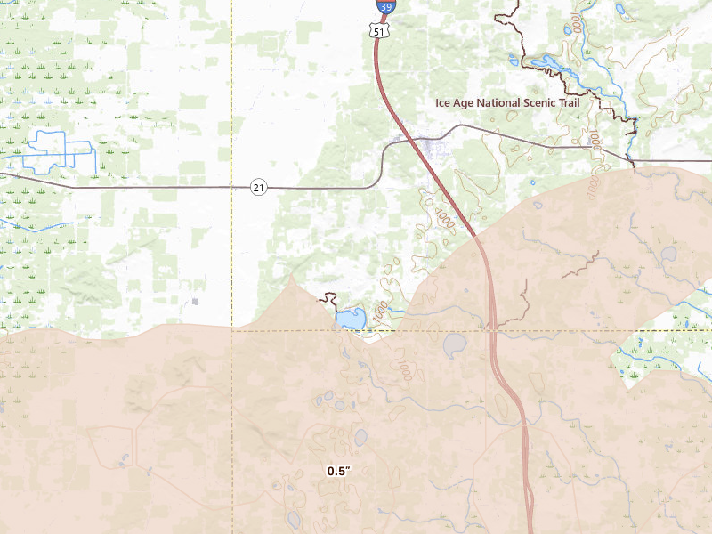 Radar-estimated hail-size map of the storm over Coloma, WI on Sep 1, 2026