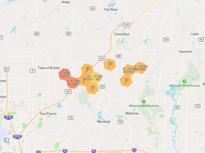 Hail map of Columbus, WI on Jul 2, 2026, hail up to 1.75"