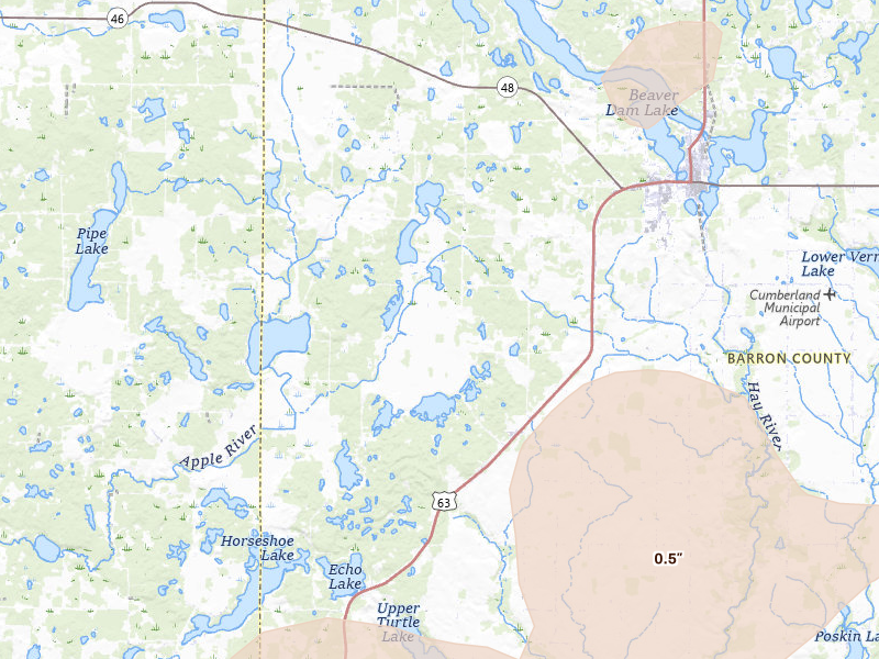 Radar-estimated hail-size map of the storm over Comstock, WI on Apr 17, 2026