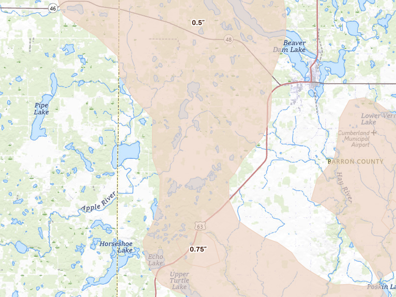Radar-estimated hail-size map of the storm over Comstock, WI on Jul 17, 2026