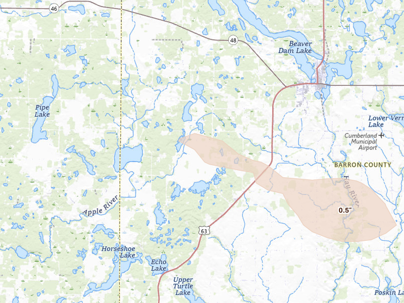 Radar-estimated hail-size map of the storm over Comstock, WI on Aug 9, 2026