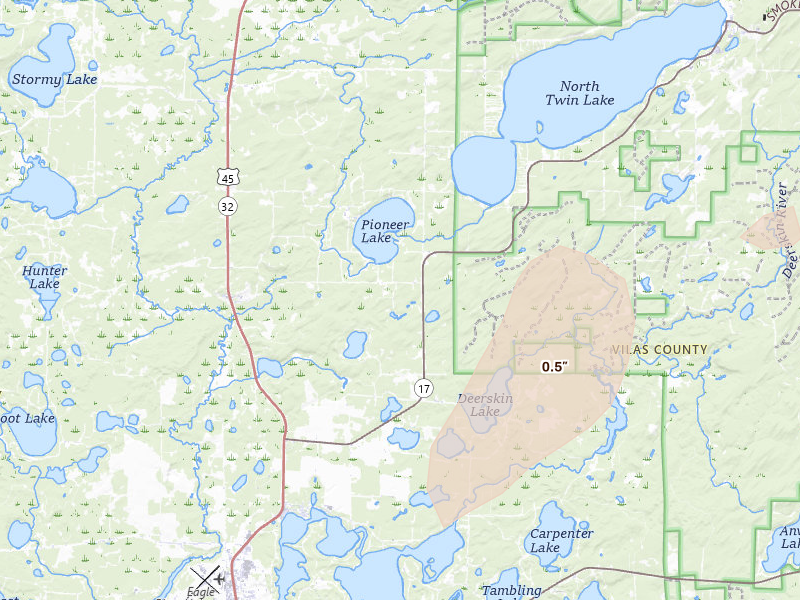 Radar-estimated hail-size map of the storm over Conover, WI on Apr 17, 2026