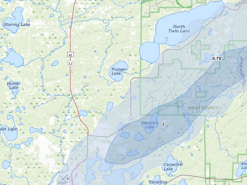 NEXRAD radar-signature map of the hail storm over Conover, WI on Apr 17, 2026