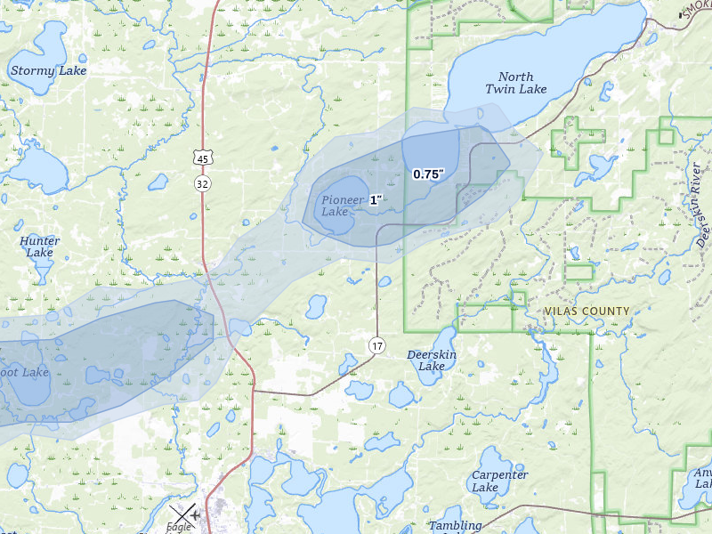 NEXRAD radar-signature map of the hail storm over Conover, WI on May 15, 2026