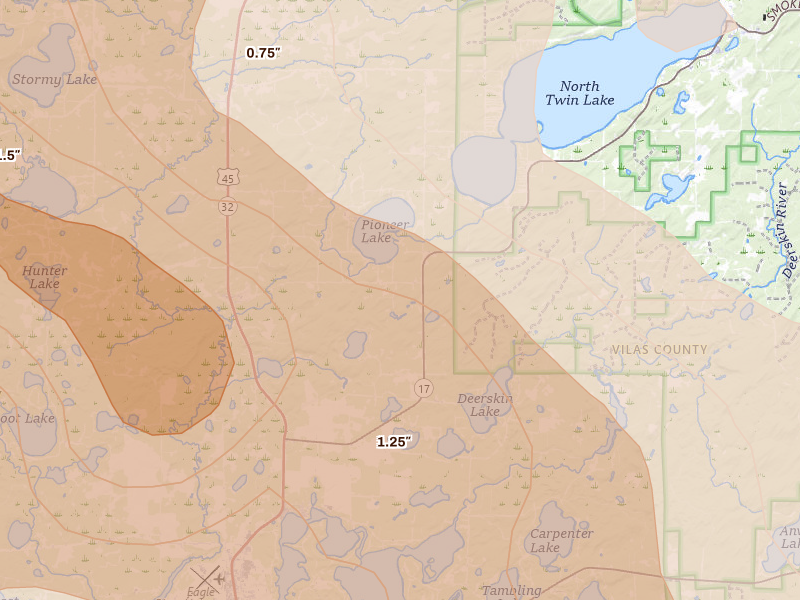 Radar-estimated hail-size map of the storm over Conover, WI on Jul 27, 2026