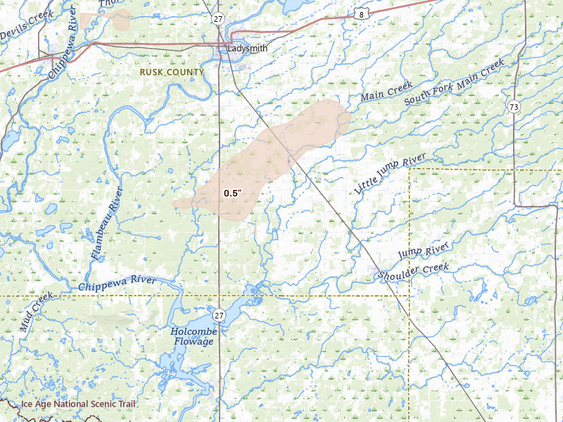 Radar-estimated hail-size map of the storm over Conrath, WI on Jun 5, 2026