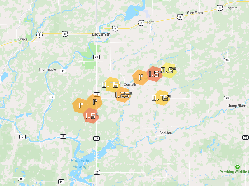 Hail map of Conrath, WI on Jun 5, 2026, hail up to 1.5"