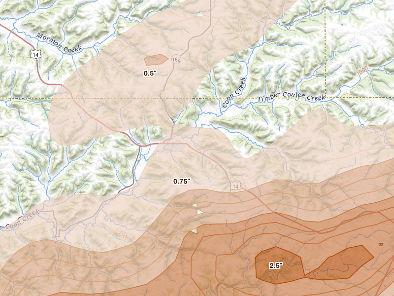 Radar-estimated hail-size map of the storm over Coon Valley, WI