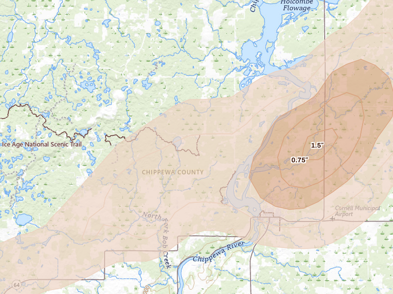Radar-estimated hail-size map of the storm over Cornell, WI on Apr 13, 2026