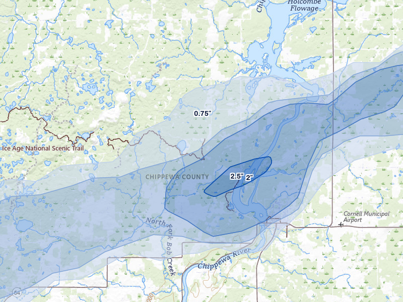 NEXRAD radar-signature map of the hail over Cornell, WI