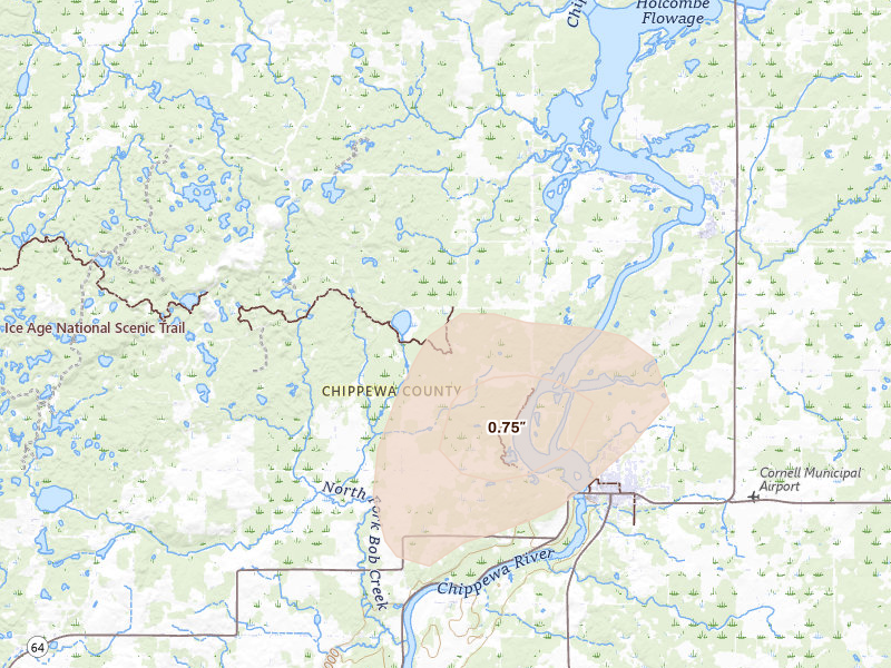 Radar-estimated hail-size map of the storm over Cornell, WI on Jun 5, 2026