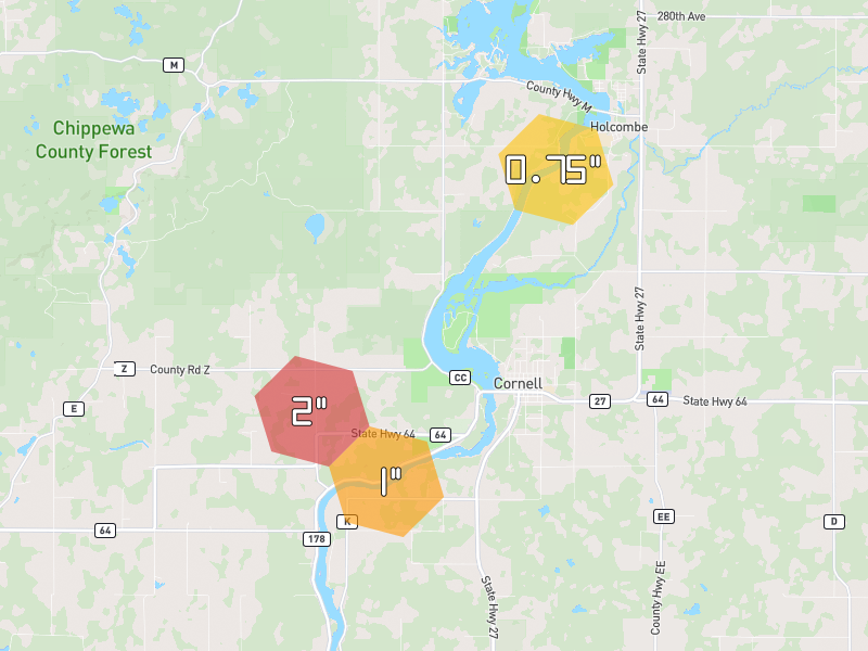 Hail map of Cornell, WI on Jun 5, 2026, hail up to 2"