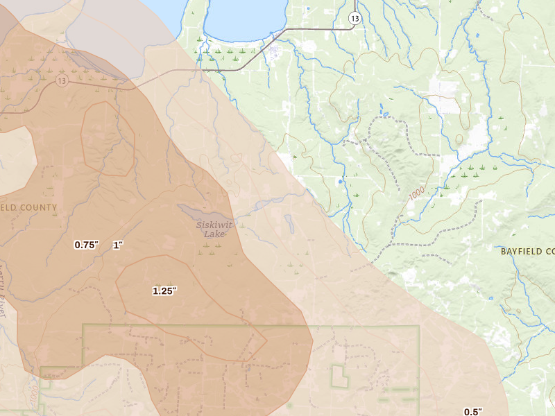 Radar-estimated hail-size map of the storm over Cornucopia, WI on Jul 17, 2026