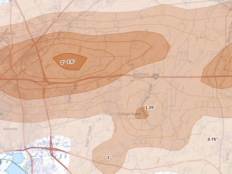 Radar-estimated hail-size map of the storm over Cottage Grove, WI