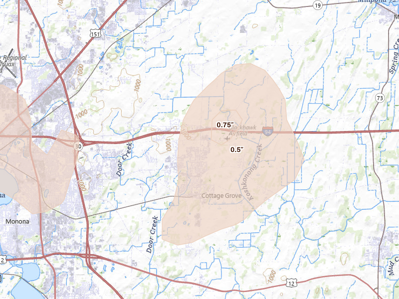 Radar-estimated hail-size map of the storm over Cottage Grove, WI on Jun 10, 2026