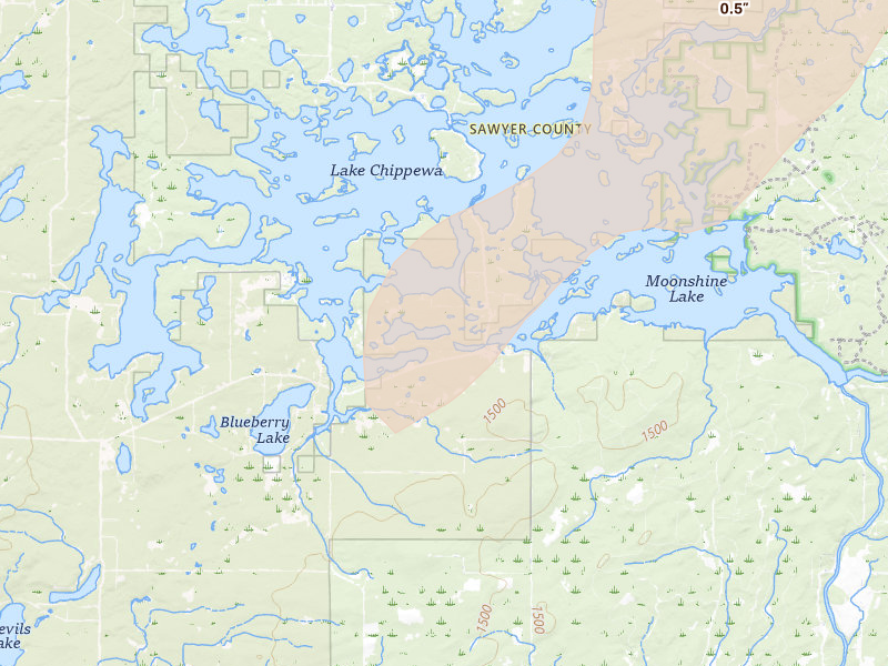 Radar-estimated hail-size map of the storm over Couderay, WI on Apr 17, 2026