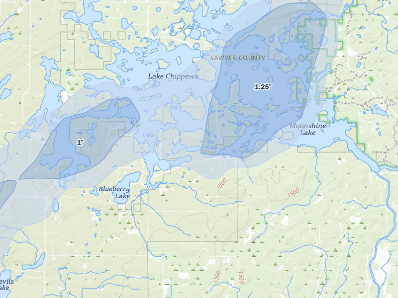 NEXRAD radar-signature map of the hail storm over Couderay, WI on Apr 17, 2026