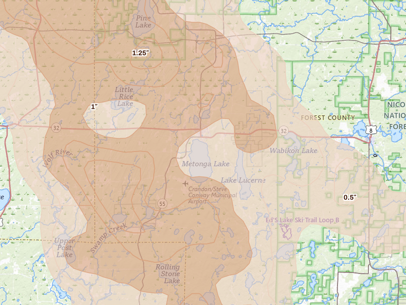 Radar-estimated hail-size map of the storm over Crandon, WI on Jul 27, 2026