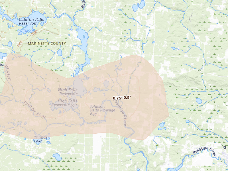 Radar-estimated hail-size map of the storm over Crivitz, WI on Jun 10, 2026