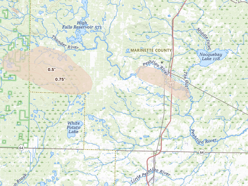 Radar-estimated hail-size map of the storm over Crivitz, WI on Aug 18, 2026
