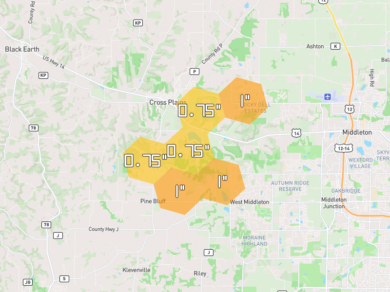 Hail map of Cross Plains, WI on Jul 2, 2026, hail up to 1"