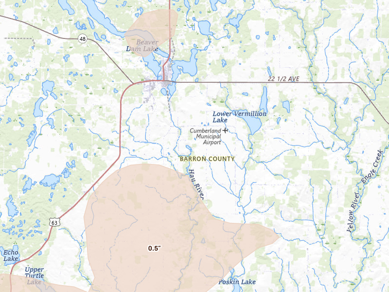 Radar-estimated hail-size map of the storm over Cumberland, WI on Apr 17, 2026
