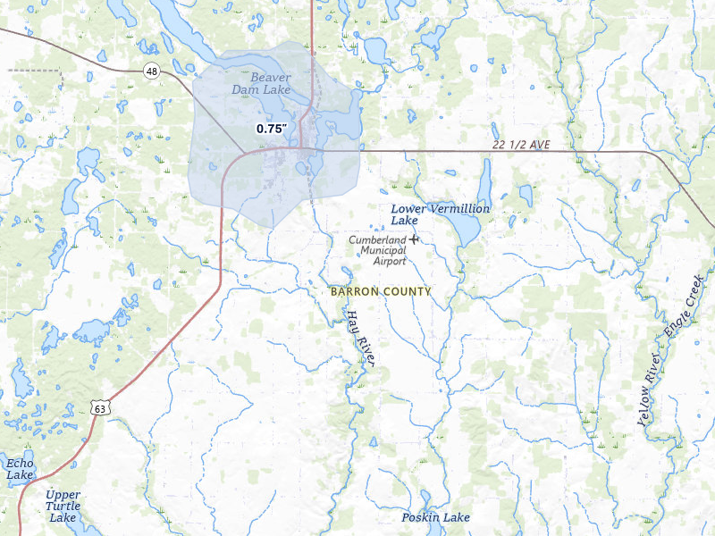 NEXRAD radar-signature map of the hail storm over Cumberland, WI on Jun 5, 2026