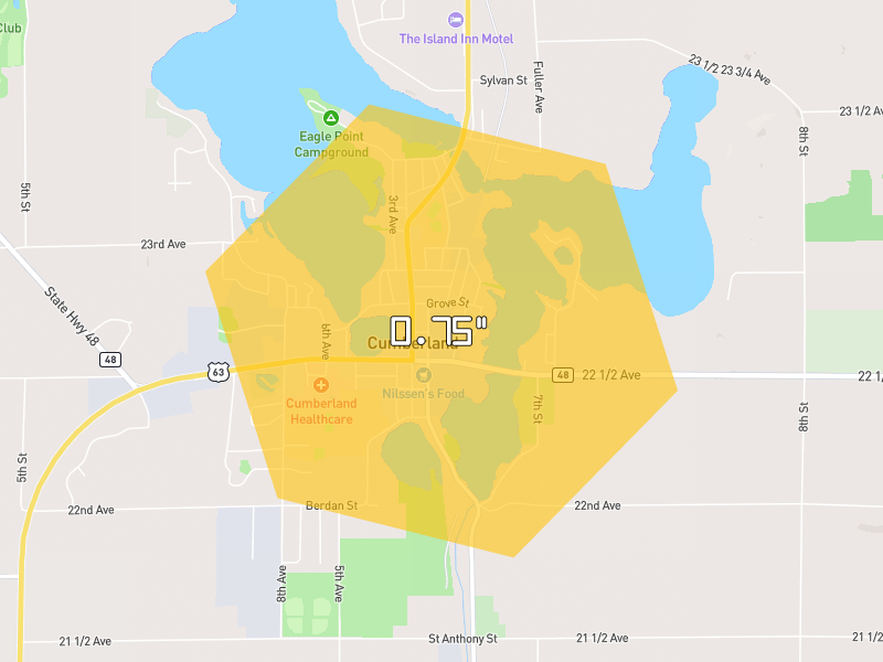 Hail map of Cumberland, WI on Jun 5, 2026, hail up to 0.75"