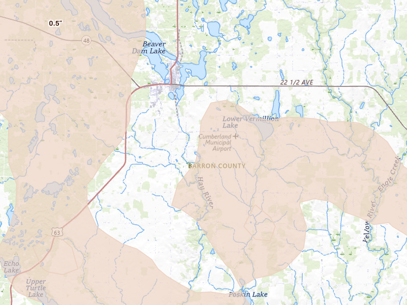 Radar-estimated hail-size map of the storm over Cumberland, WI on Jul 17, 2026