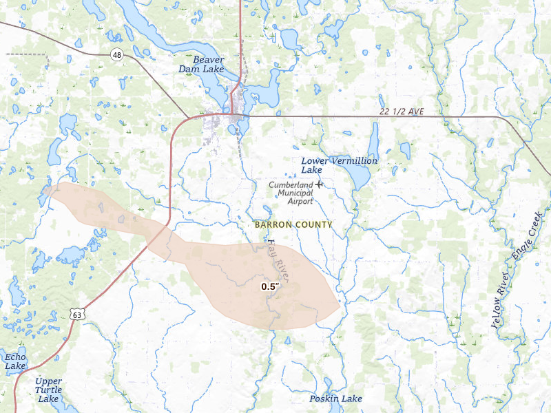 Radar-estimated hail-size map of the storm over Cumberland, WI on Aug 9, 2026