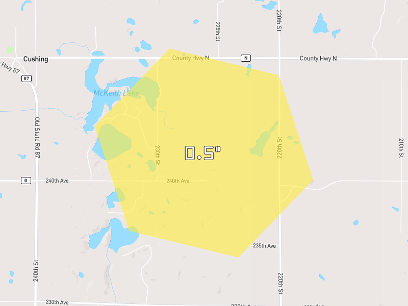 Hail map of Cushing, WI on Jun 5, 2026, hail up to 0.5"