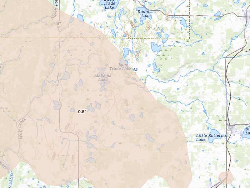 Radar-estimated hail-size map of the storm over Cushing, WI on Jun 19, 2026