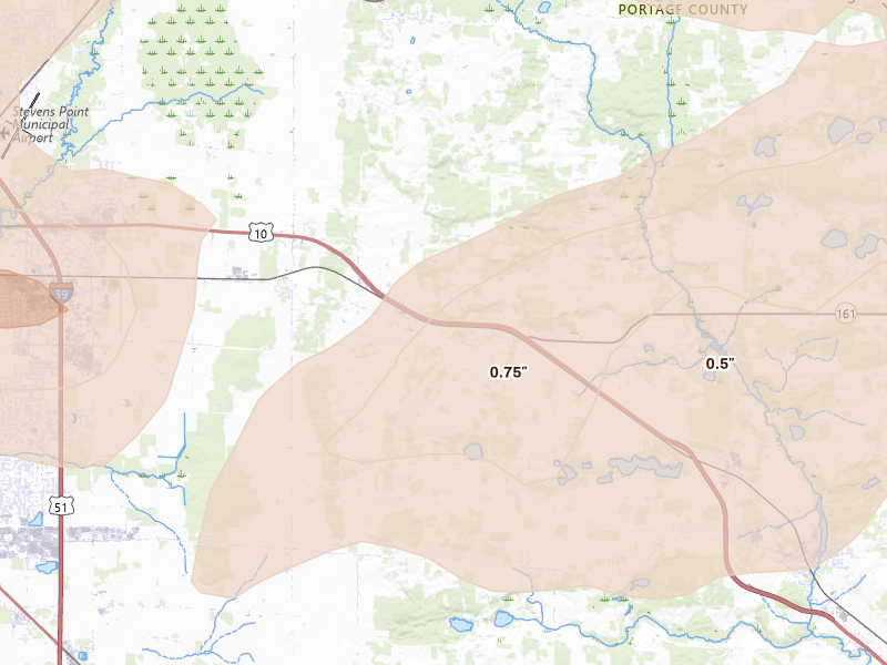Radar-estimated hail-size map of the storm over Custer, WI on Apr 13, 2026