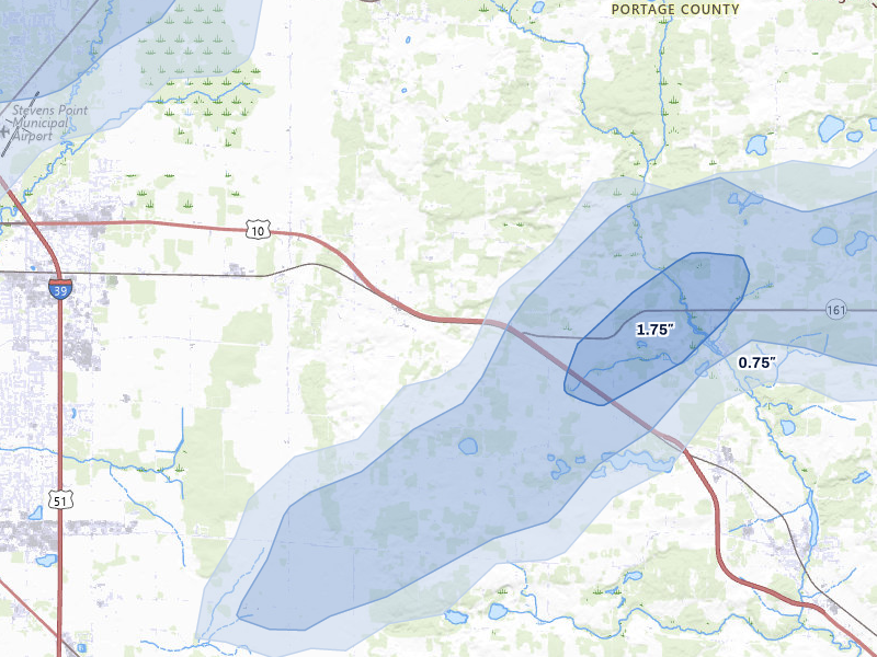 NEXRAD radar-signature map of the hail storm over Custer, WI on Apr 13, 2026