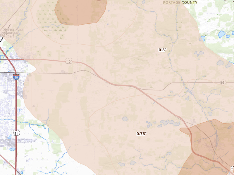 Radar-estimated hail-size map of the storm over Custer, WI