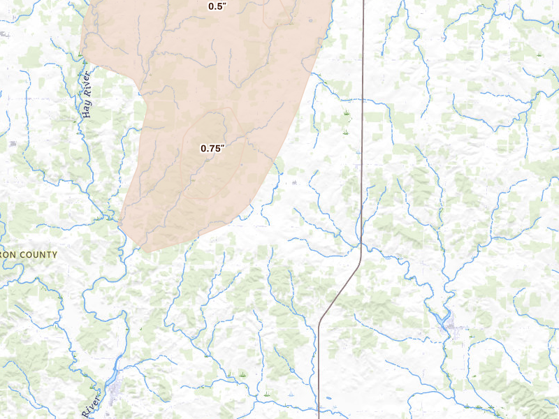 Radar-estimated hail-size map of the storm over Dallas, WI on Jun 9, 2026